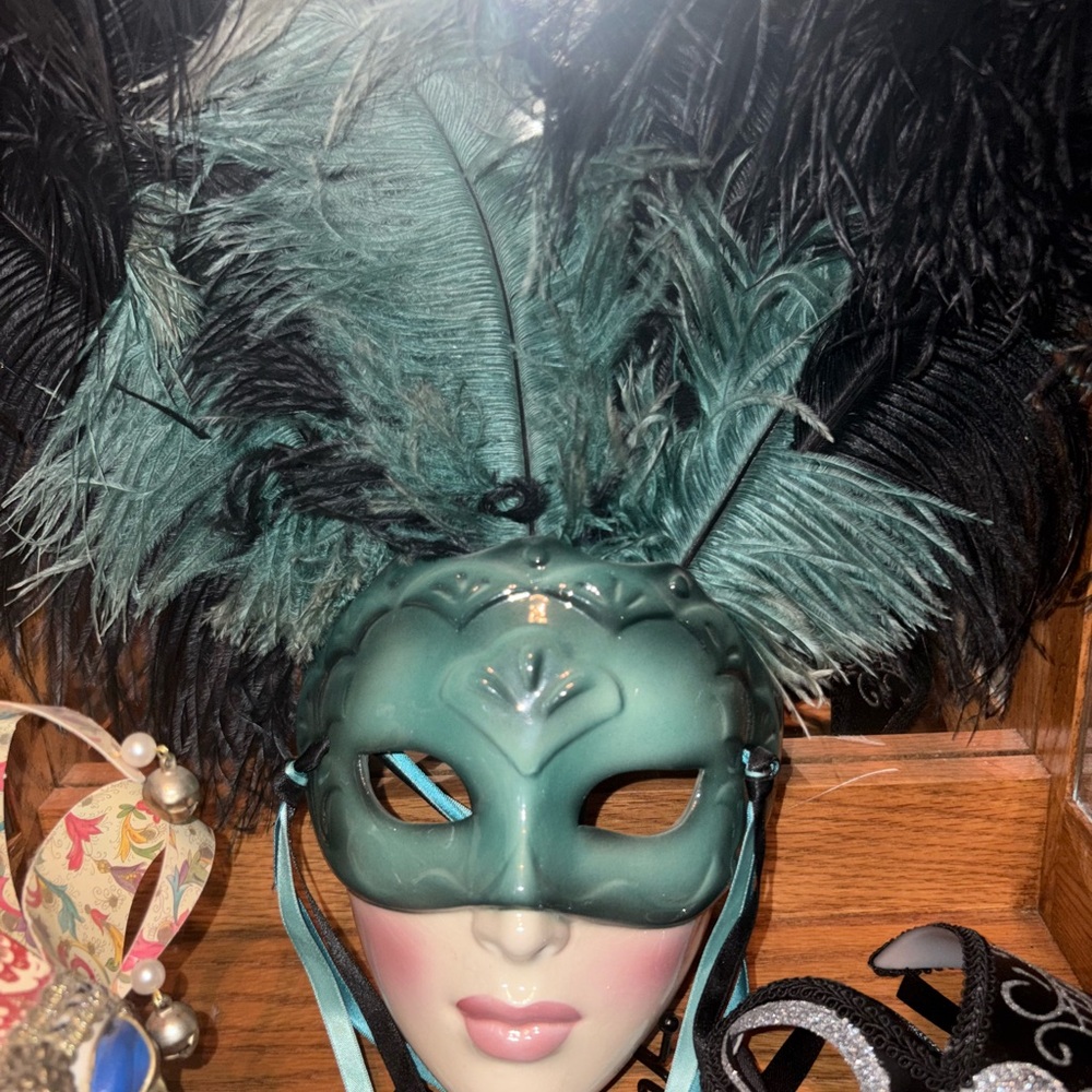Mystical Teal and Black Feathered Mask